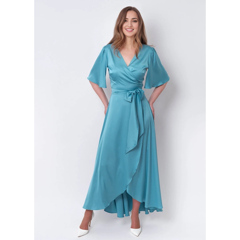 Dusty Blue A-Line Silk Dress Wrap Dress Bridesmaid Dress Wedding Guest Dress