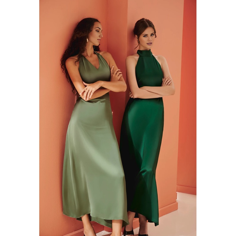 Emerald Olive Bridesmaids Dress Silk Halter Neck Party Dress Wedding Guest Dress