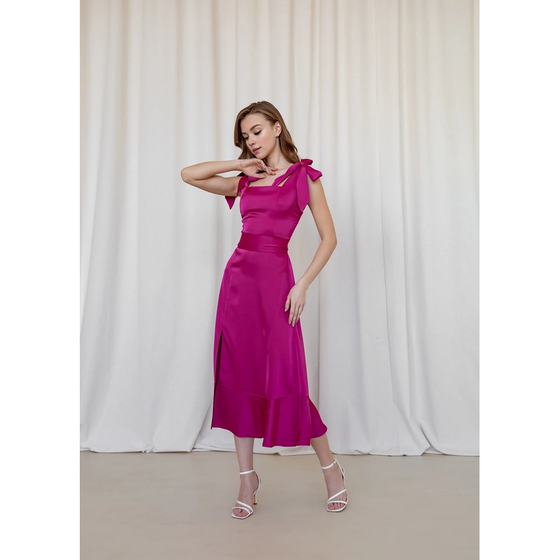 Fuchsia Satin Bridesmaids Midi Dress Wedding Guest Dress Cocktail Dresses