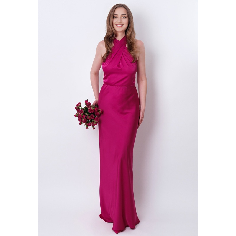 Fuschia Silk Satin Long Halter Open Back Bridesmaid Dress Wedding Guest Dress Evening Dress