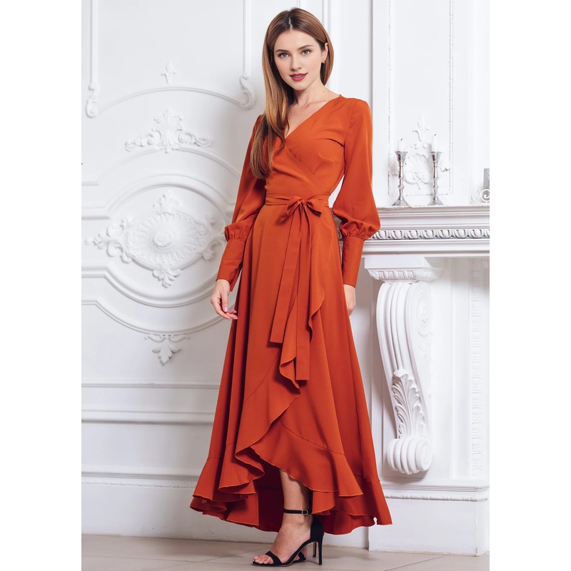 Rust Orange Long Sleeves Wrap Dress Maxi Bridesmaid Dress Cocktail Dress Wedding Guest Dress