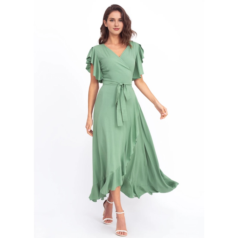 Sage Green Romantic Wrap Around Maxi Dress  Formal Short Sleeve Long Wedding Guest Dress