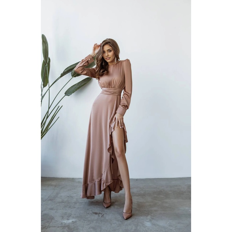 Silk Maxi Dresses With High Slit For Women Long Sleeve Satin Wedding Guest Dress