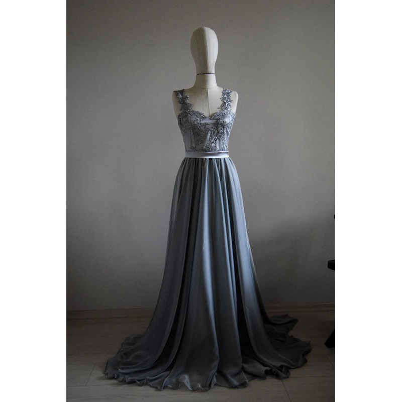 V-Neck Silk Grey Chiffon Lace Beads Embroidered Cap Sleeve Bridesmaid Dress Wedding Guest Dress
