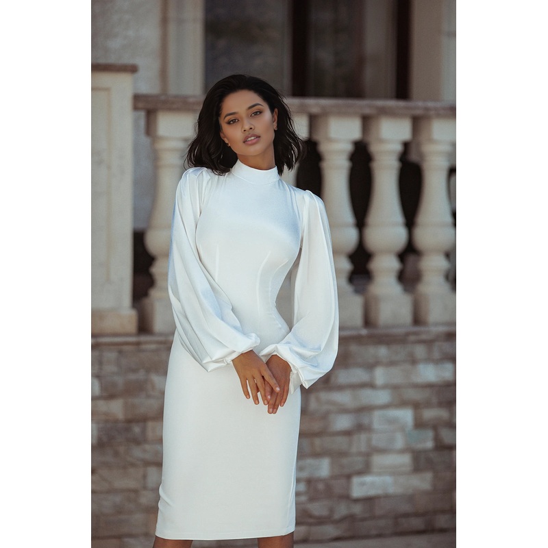 Wedding Guest Dress With Long Puff Sleeve Elegant Beige Dress With High Neck