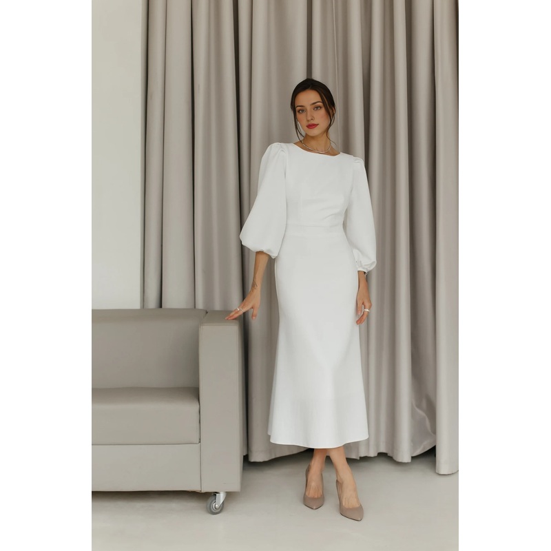 White Puff Short Sleeves Backless White Midi Dress Wedding Guest Dress