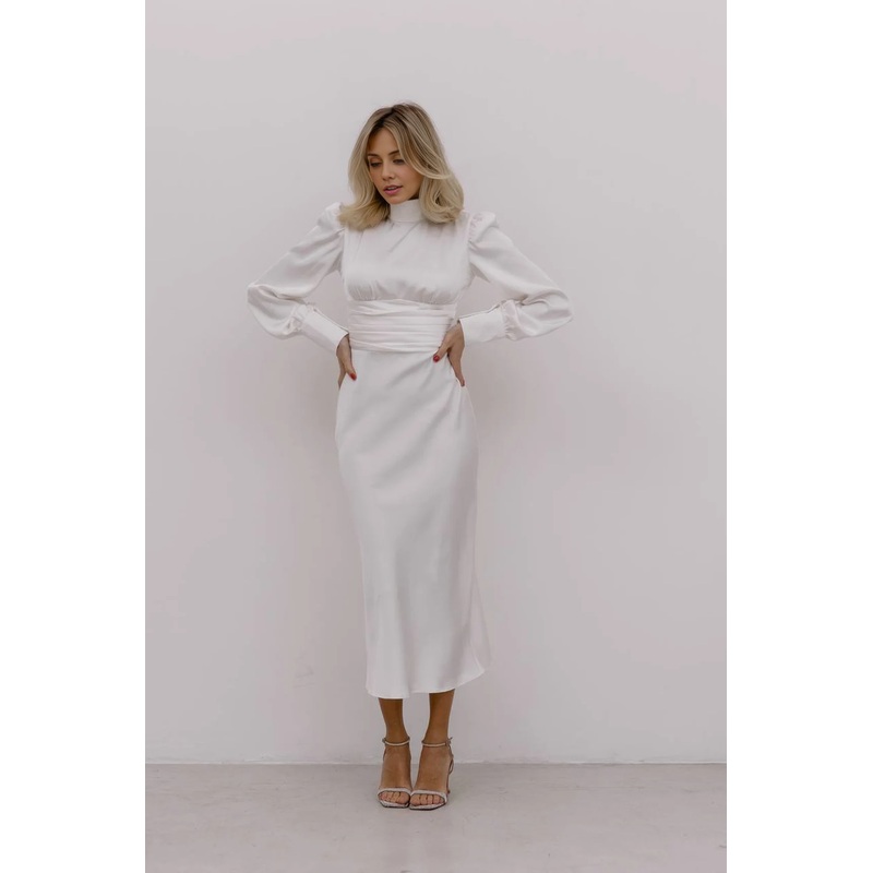 White Silk With Turtleneck Wedding Guest Dress Long Sleeves Formal Dress