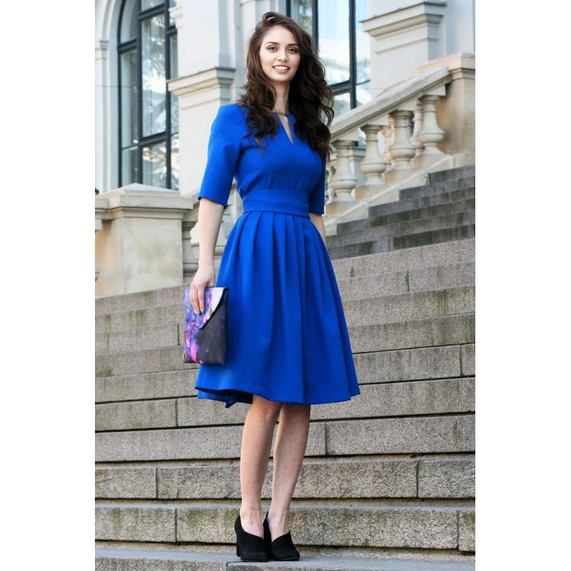 Women Cocktail Dress Wedding Guest Dress Formal Navy Midi Dress Pleated Dress