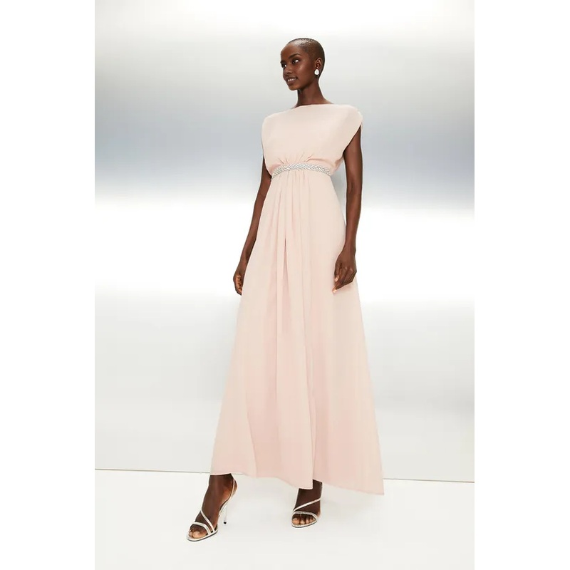 A-Line Blush Embellished Belt Floor-length Maxi Dress Wedding Guest Dresses