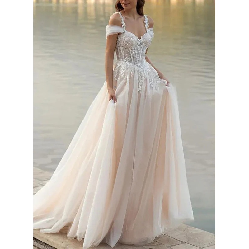 A-line decal lace off shoulder sheer wedding dress