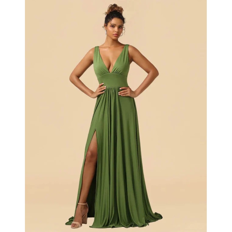 A-Line Deep V-neck Floor Length Spandex with Split Bridesmaid Dress