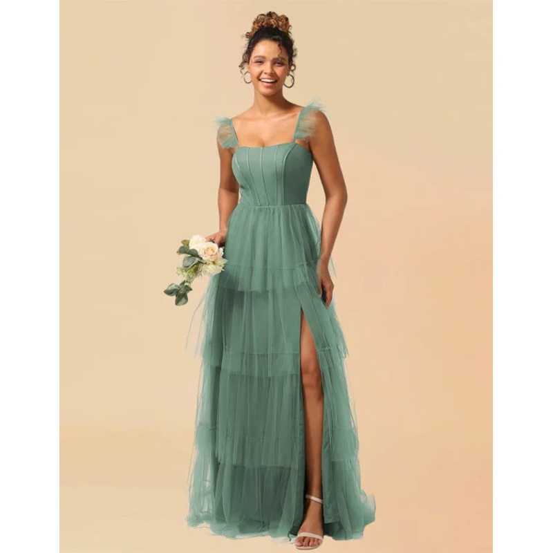 A-Line Detachable Straps Lace Up Tulle With Split Bridesmaid Dress