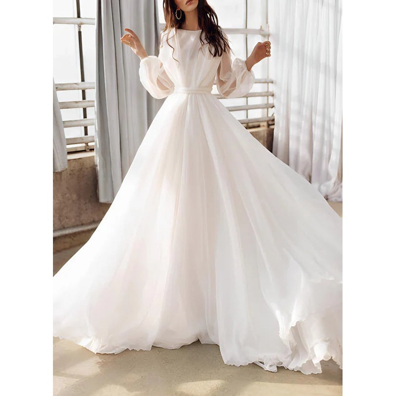 A-line fantasy collar long sleeved sweeping and mopping chiffon wedding dress