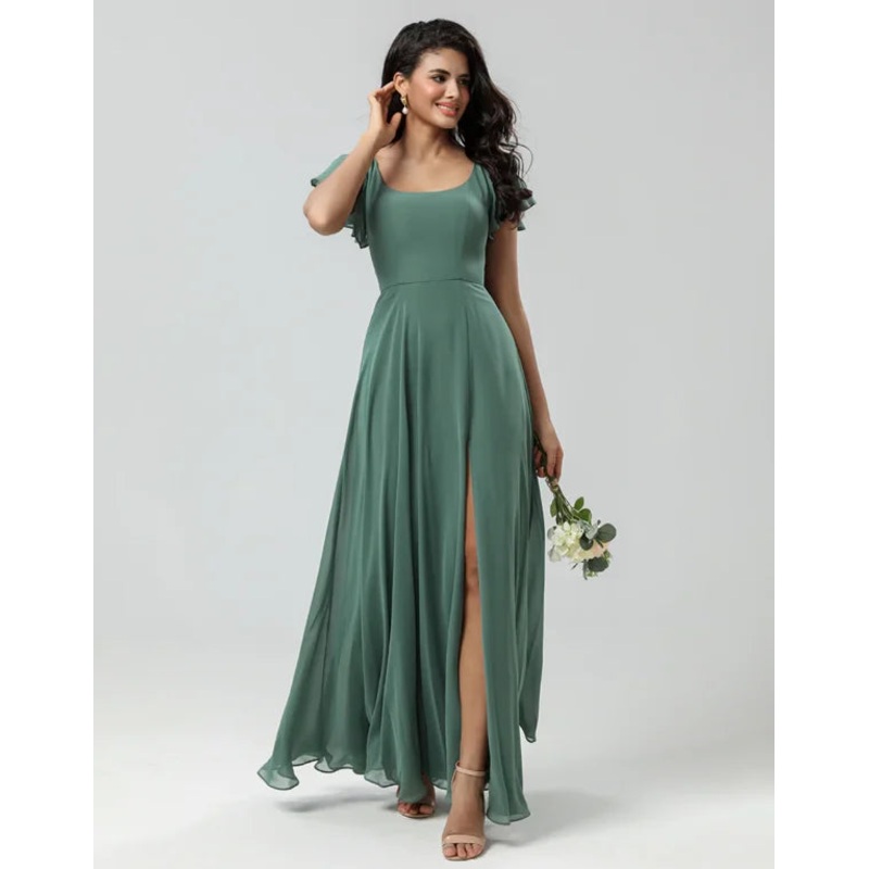 A-Line Green Long with Ruffles Bridesmaid Dress