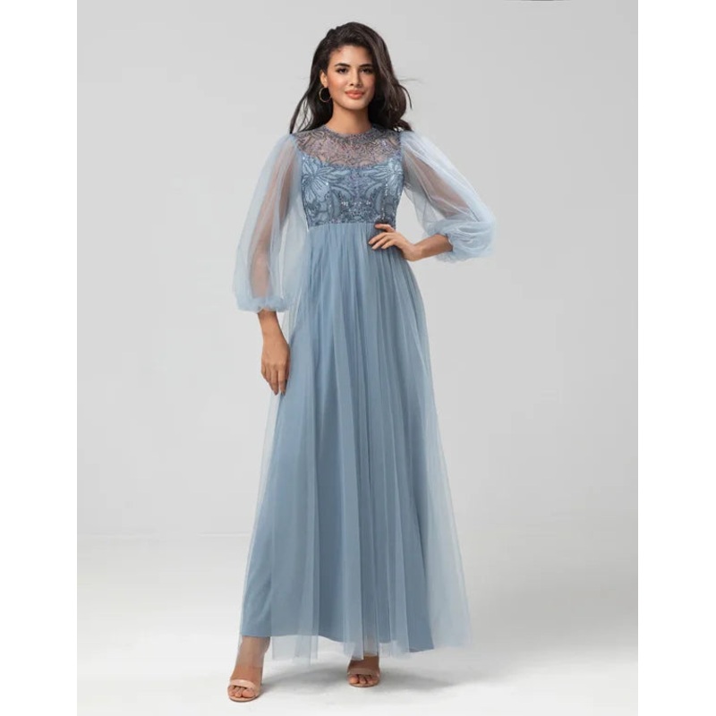 A Line Jewel Neck Grey Blue Long with Long Sleeves Bridesmaid Dress