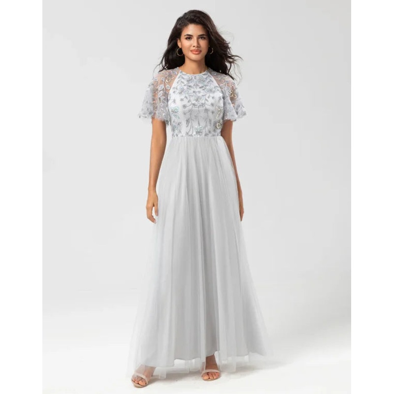A-Line Jewel Neck Grey Long with Short Sleeves Bridesmaid Dress