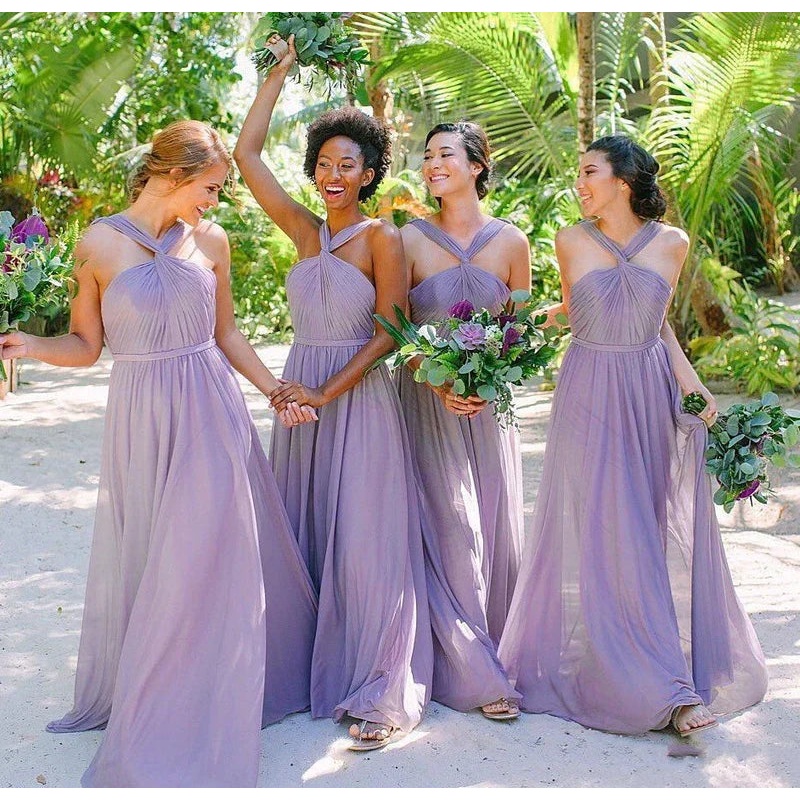 A Line Lavender Chiffon Pleats Long Bridesmaid Dresses