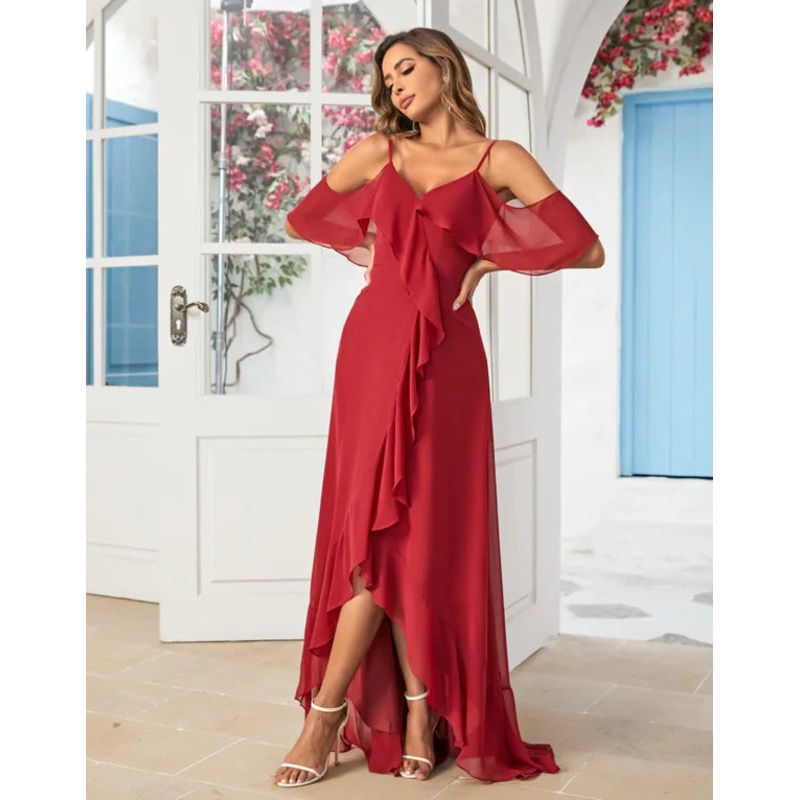 A Line Off the Shoulder Burgundy Long with Ruffles Bridesmaid Dress