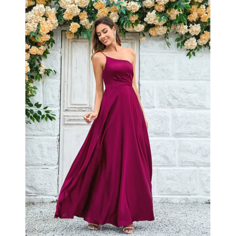A-Line One Shoulder Burgundy Long with Ruffles Bridesmaid Dress