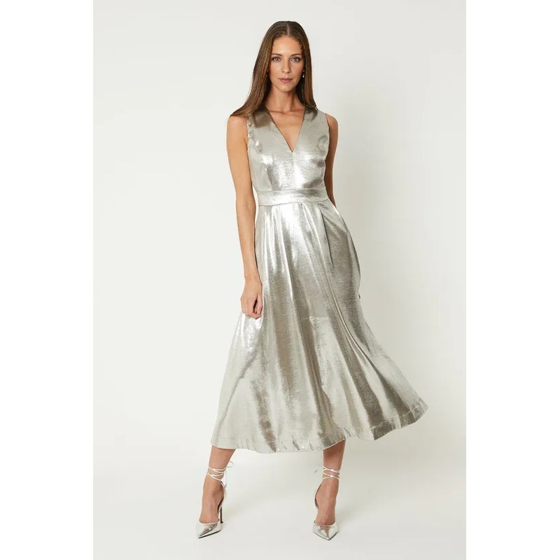 A-Line Plunge Dress In Metallic Sleeveless V-Neck Wedding Guest Dresses