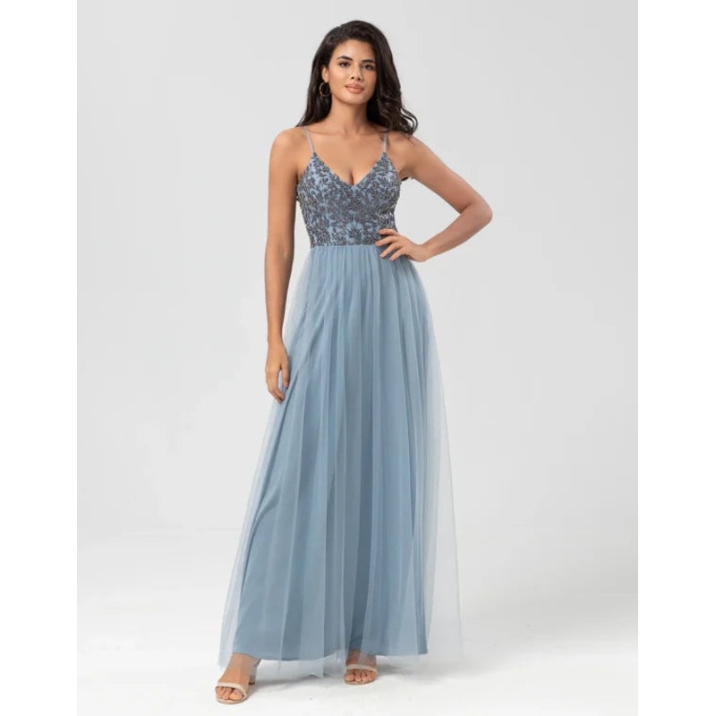A Line Spaghetti Straps Dusty Blue Long with Beading Bridesmaid Dress