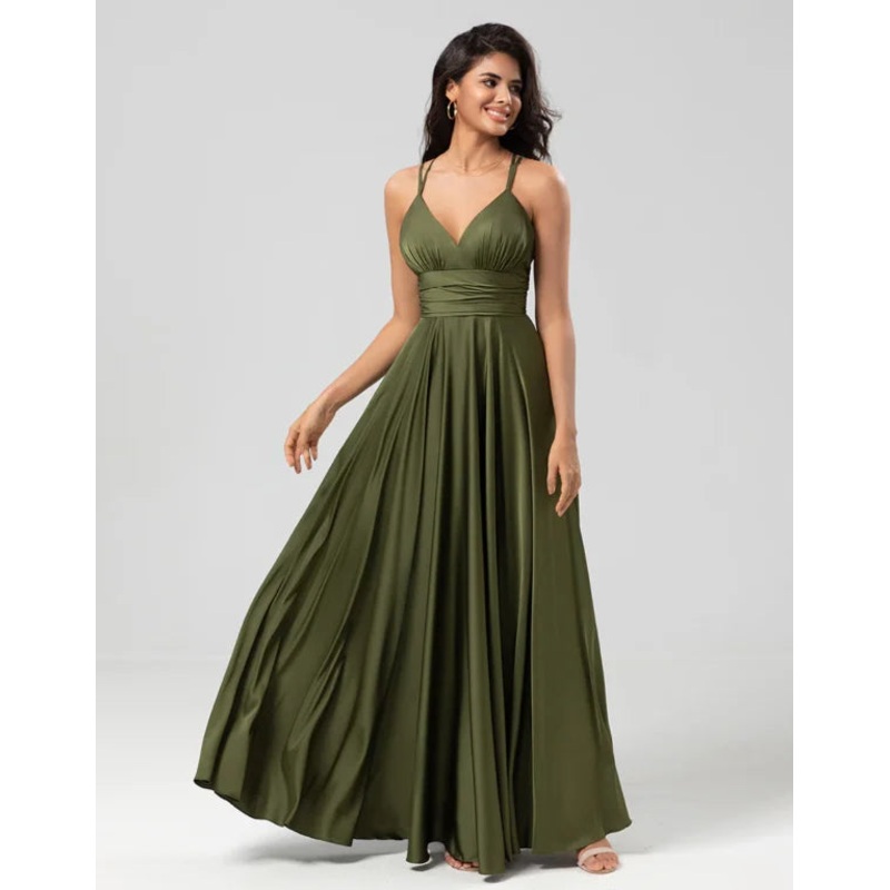 A Line Spaghetti Straps Olive Long with Ruffles Bridesmaid Dress