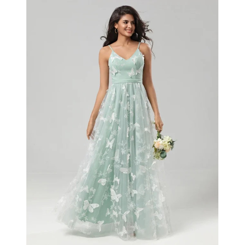 A Line Straps Matcha Long Bridesmaid Dress with Appliques