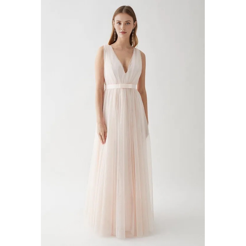 A-Line Tulle Plunge Neck Princess Bridesmaids Dress With Bow Wedding Guest Dresses