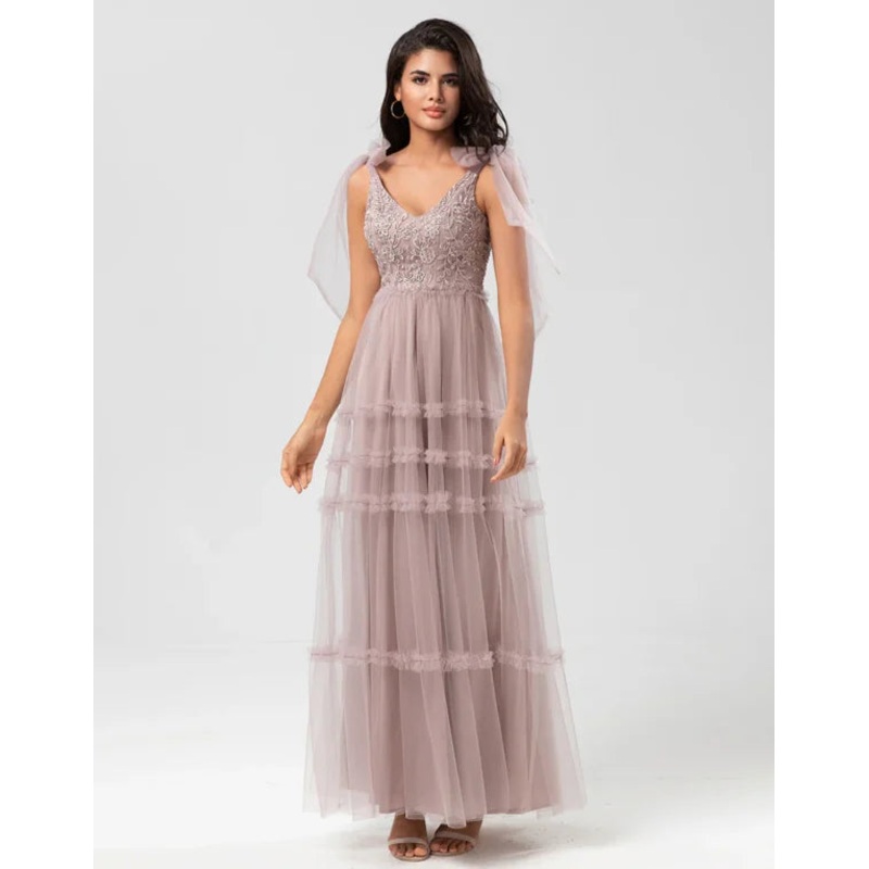 A-Line V Neck Dusty Pink Long with Beading Bridesmaid Dress