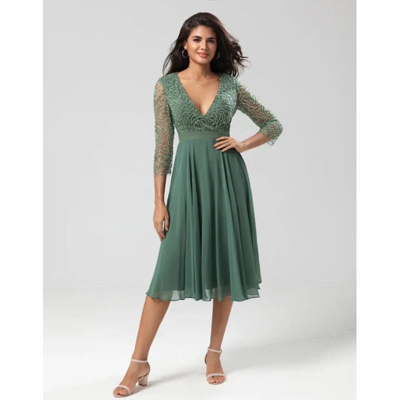 A Line V-Neck Eucalyptus with Long Sleeves Bridesmaid Dress