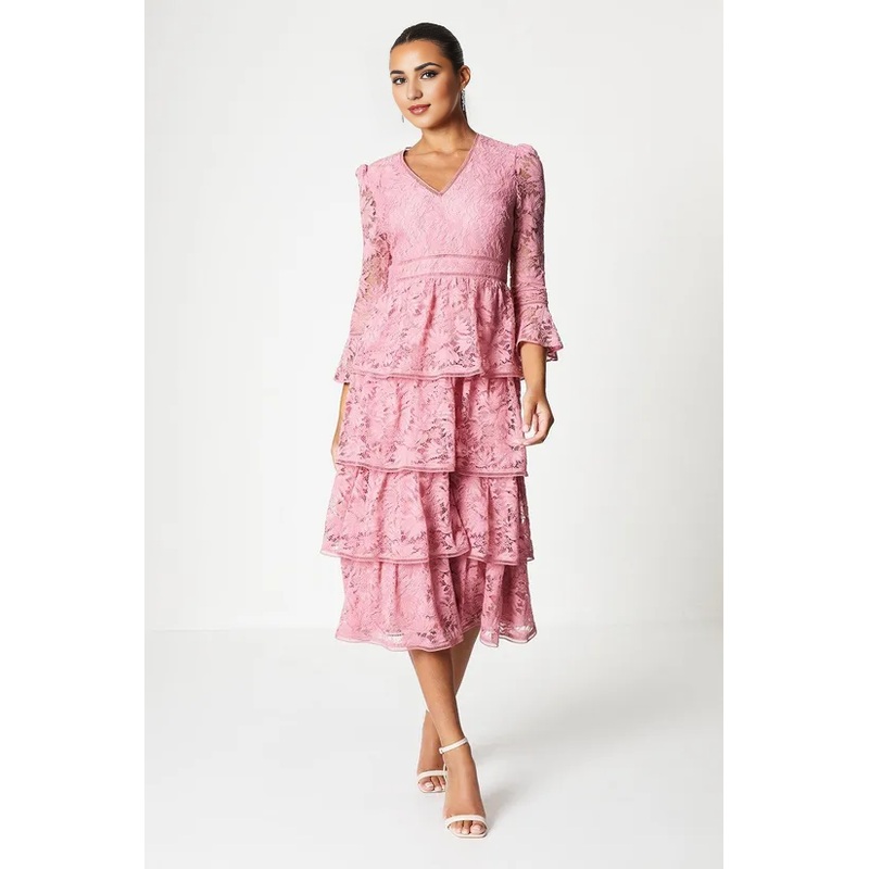 A-Line V-Neck Layered Lace Dress With Ruffle Sleeve Wedding Guest Dresses Cocktail Dresses