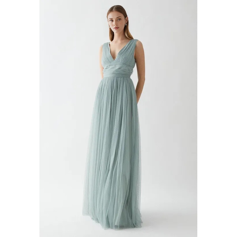 A-Line V Neck Pleated Waistband Mesh Bridesmaids Dress Wedding Guest Dresses
