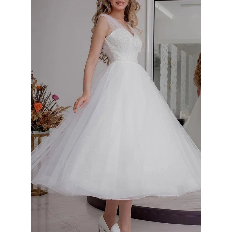 A-line V-neck sleeveless sequin and ankle sheer wedding dress