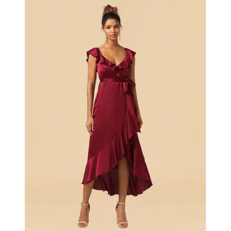 Asymmetrical Burgundy Satin With Ruffle Bridesmaid Dress