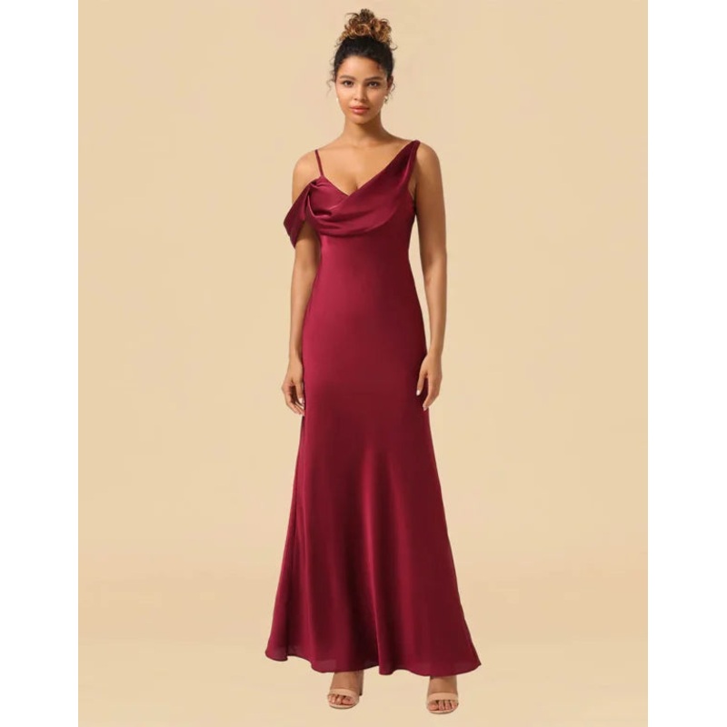 Asymmetrical Shoulder Straps Floor Length Satin Bridesmaid Dress