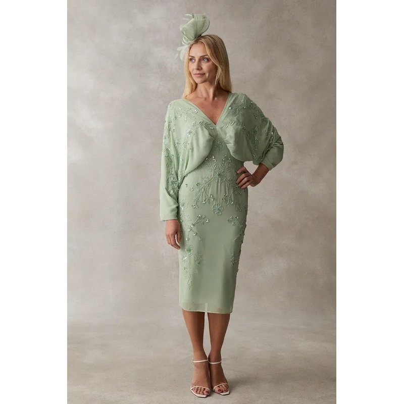 Beaded Sequins V Neck Kimono Midi Dress V-Neck Wedding Guest Dresses Chiffon Mother of the Bride Dresse