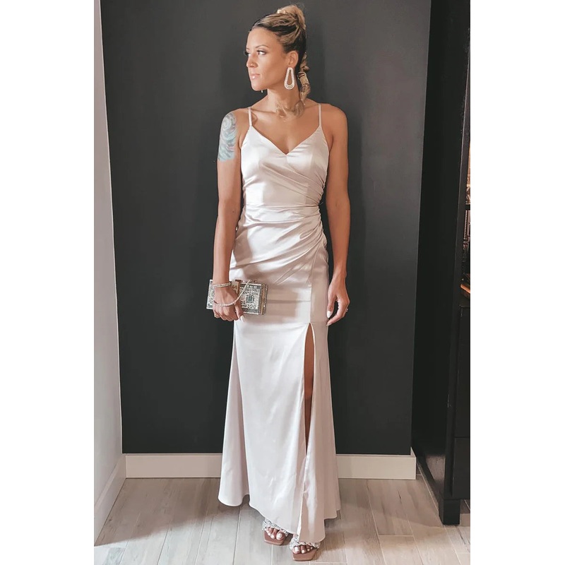 Beige V-Neck Ruched Long Bridesmaid Dress with Slit