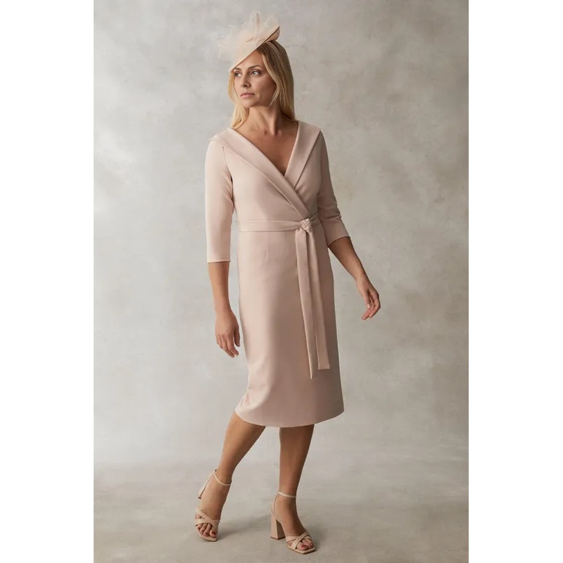 Blush Premium Crepe Off Shoulder Mother of the Bride Dresse V-Neck 3/4 Length Sleeve Wedding Guest Dresses