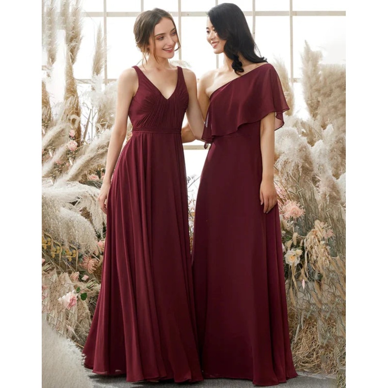 Bridesmaid Dress One Shoulder Burgundy Chiffon