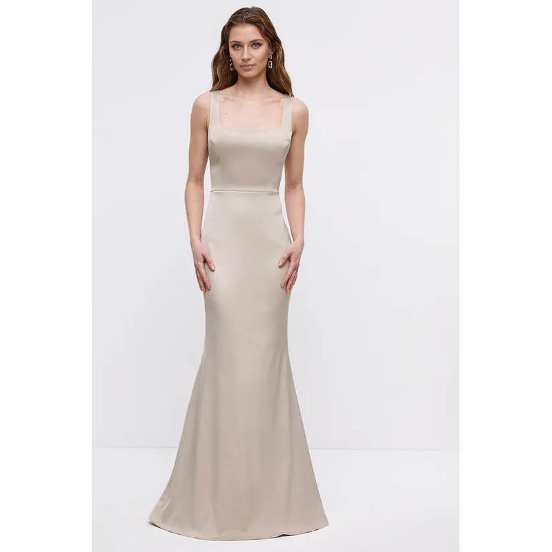 Champagne Mermaid Square Neck Fishtail Stretch Satin Bridesmaids Maxi Dress Floor-length Wedding Guest Dresses