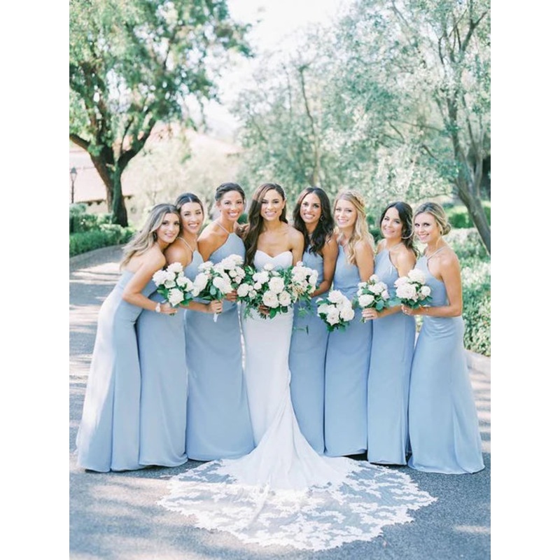 Charming A-Line Halter Sky Blue Chiffon Long Bridesmaid Dresses