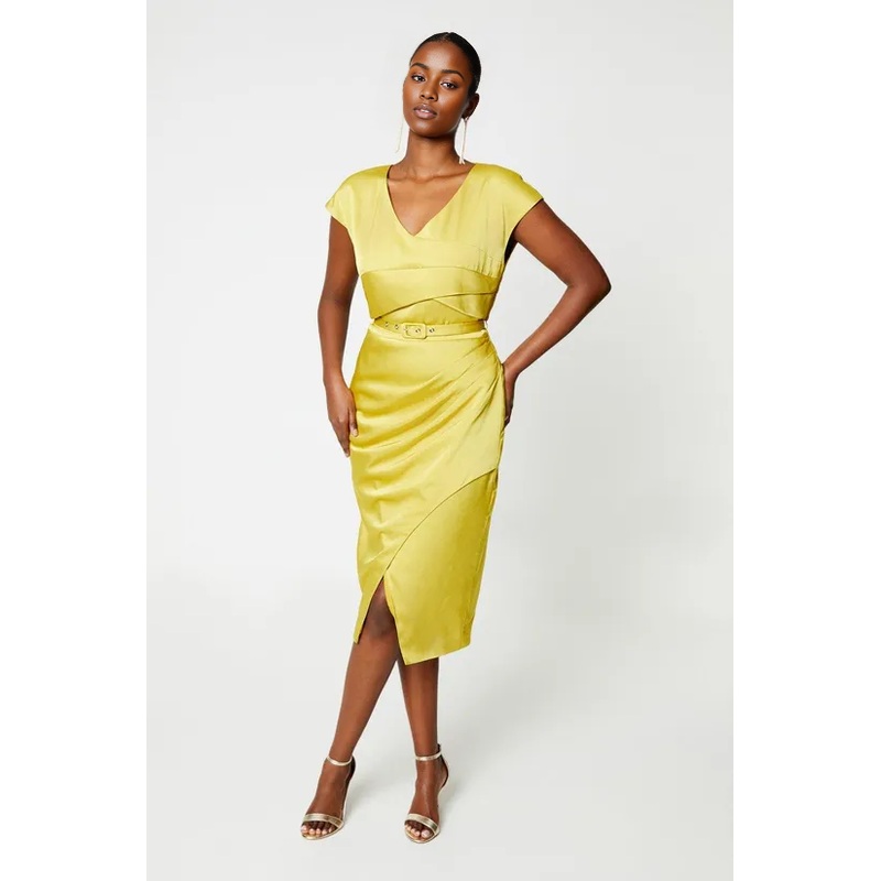 Chartreuse Satin Pencil Dress With Pleat Side Wedding Guest Dresses Cocktail Dresses