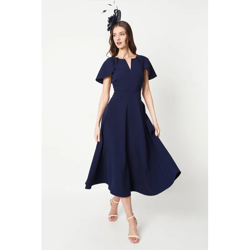 Dark-Navy A-Line Crepe Cape Sleeve Notch Neck Midi Dress Wedding Guest Dresses