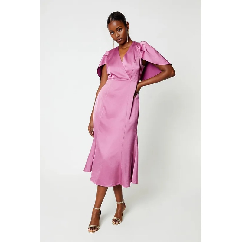 Dark Pink Pleat Satin Detail Cape Sleeve Midi Dress Wedding Guest Dresses