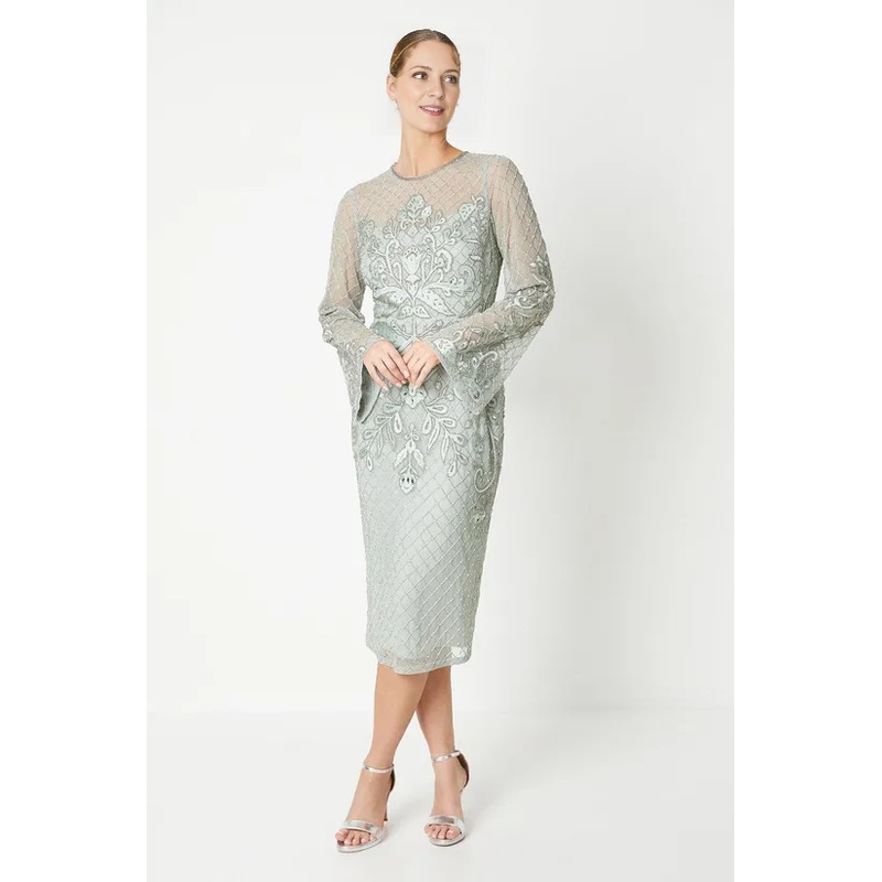 Embellished And Embroidered Midi Dress Long Sleeves Knee-length Wedding Guest Dresses