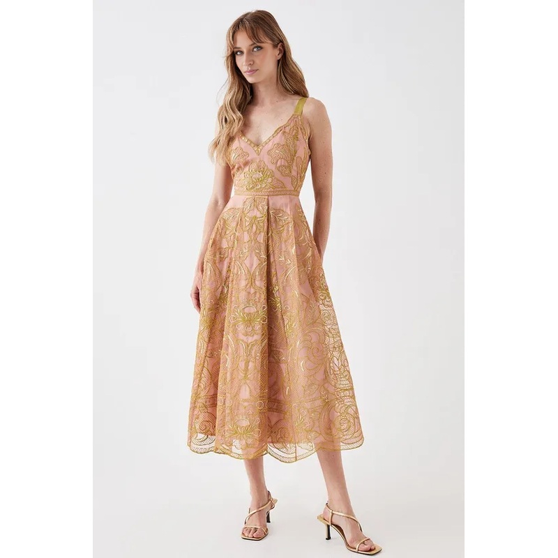 Embroidered Organza Scallop Edge A-Line Sleeveless Midi Dress Wedding Guest Dresses