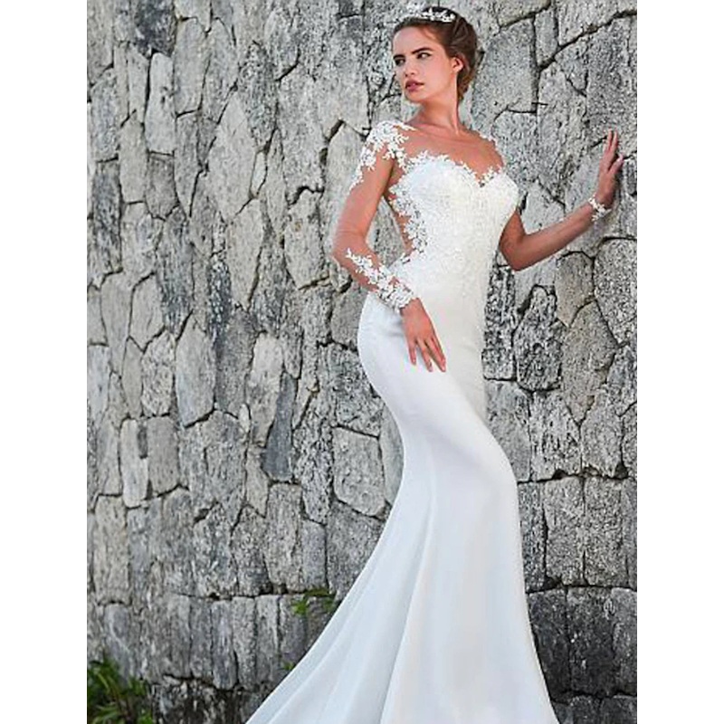 Engagement Open Back Formal Fall Wedding Dresses Mermaid / Trumpet Illusion Neck Long Sleeve Court Train Lace Bridal Gowns With Appliques Summer Wedding Party Women's Clothing