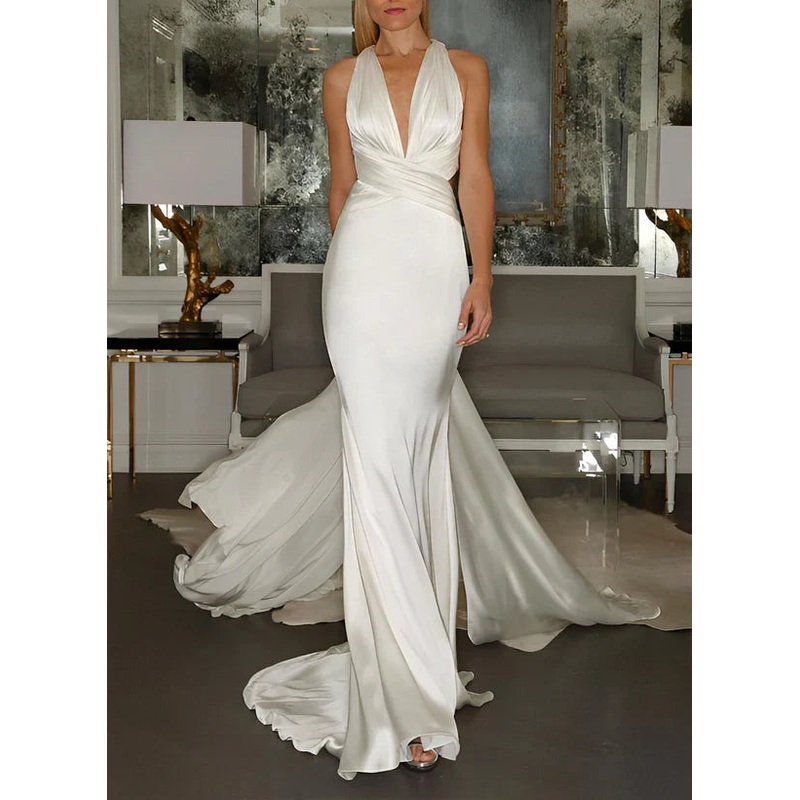 Fishtail V-neck sleeveless trailing silk satin wedding dress