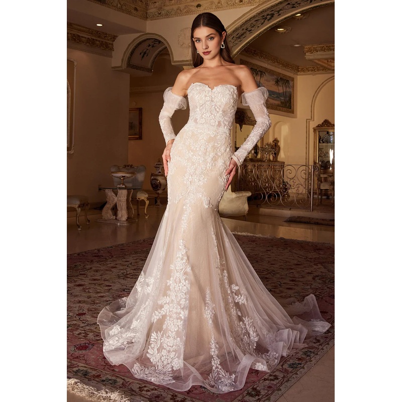 Flower decal long strapless wedding dress