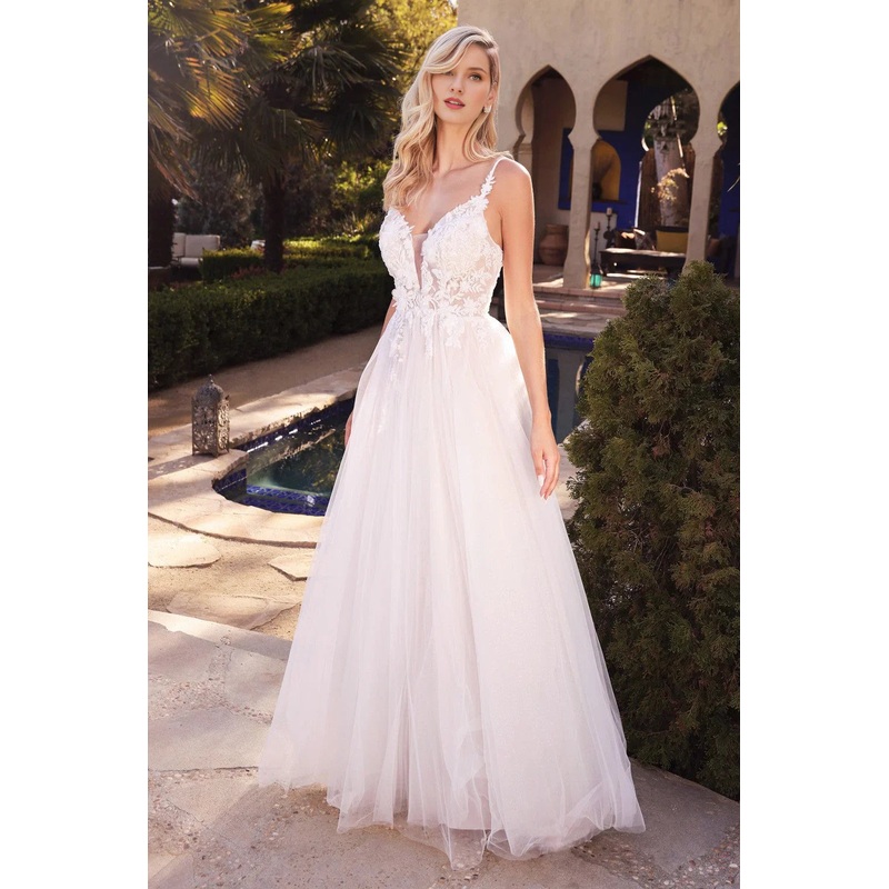 Flower decal off white chiffon long wedding dress